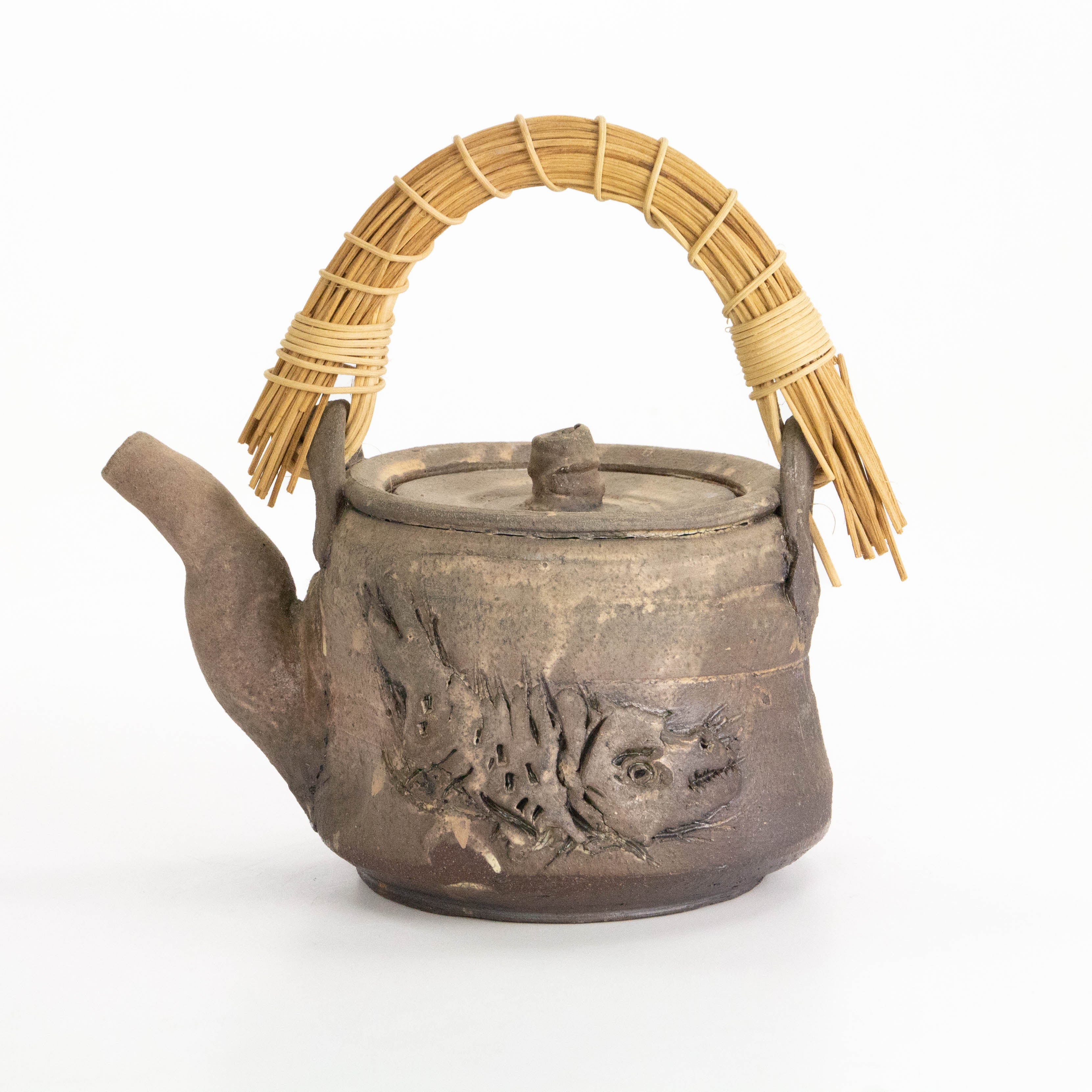 Teapot with Woven Handle, Carved Fish