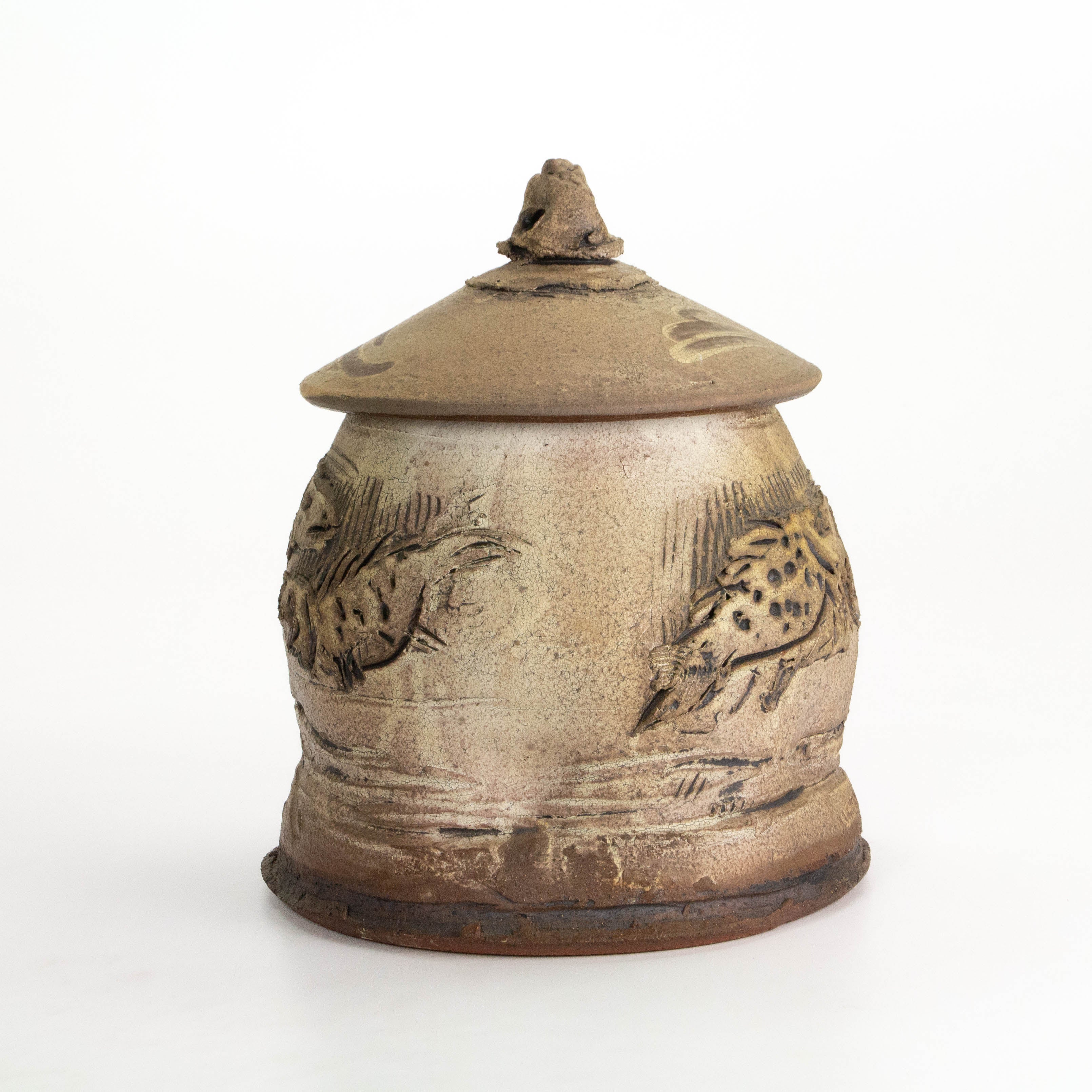 Lidded Jar with Carved Fish