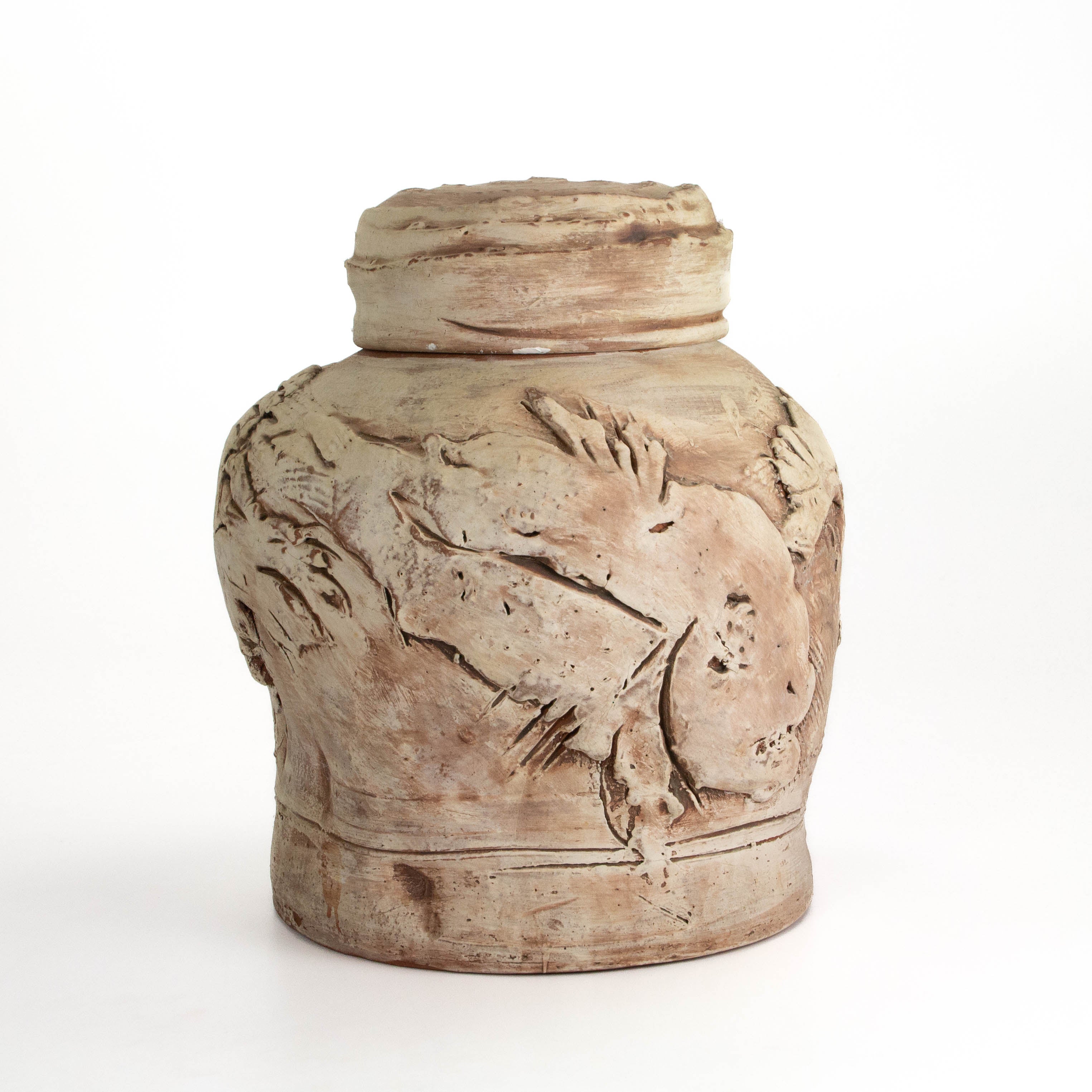 Large Cap Lidded Jar: Carved Fish